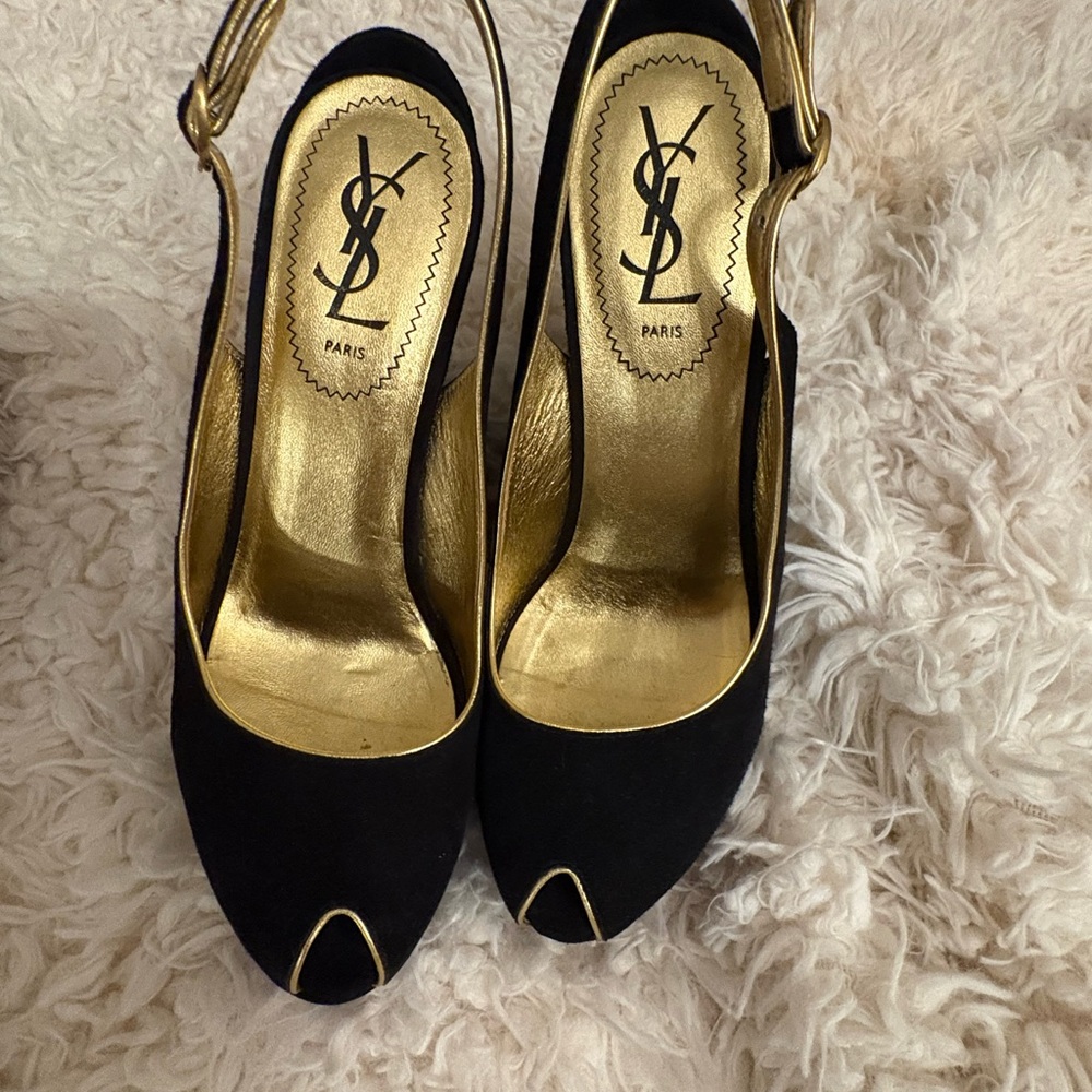 Yves Saint Laurent Black and Gold Women's Slingback Heels
